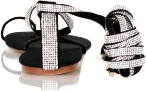 – Black Rhinestone Gladiator Sandals – Fabo – Size 12 – Women’s Flat Summer Sandals, Round Toe, Vacation, Large Sizes 10-14