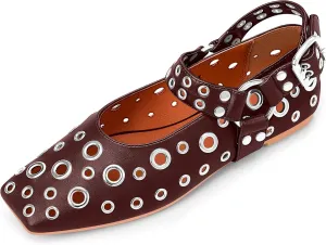 100FIXEO Women's Buckle Ballet Flats Punk Square Toe Studded Grommet Mary Jane Shoes