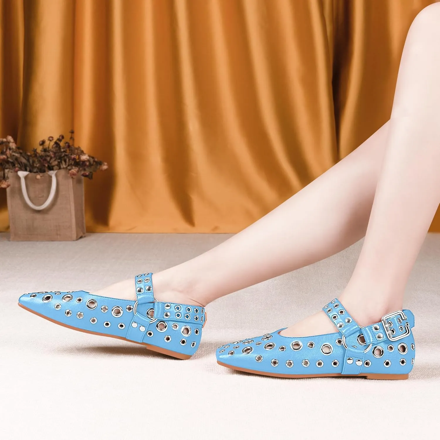 100FIXEO Women's Buckle Ballet Flats Punk Square Toe Studded Grommet Mary Jane Shoes
