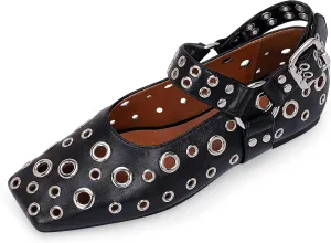 100FIXEO Women's Buckle Ballet Flats Punk Square Toe Studded Grommet Mary Jane Shoes