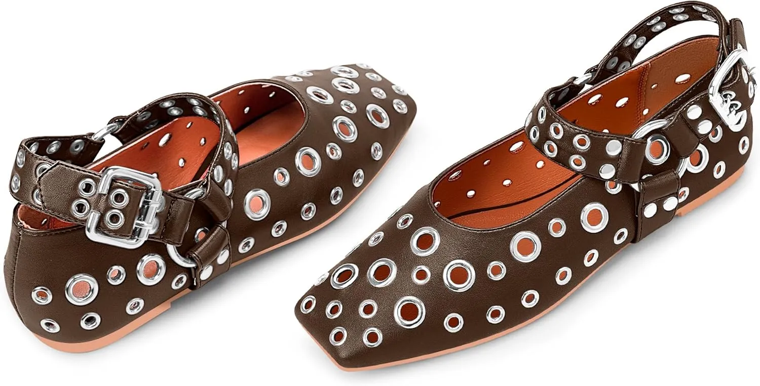 100FIXEO Women's Buckle Ballet Flats Punk Square Toe Studded Grommet Mary Jane Shoes