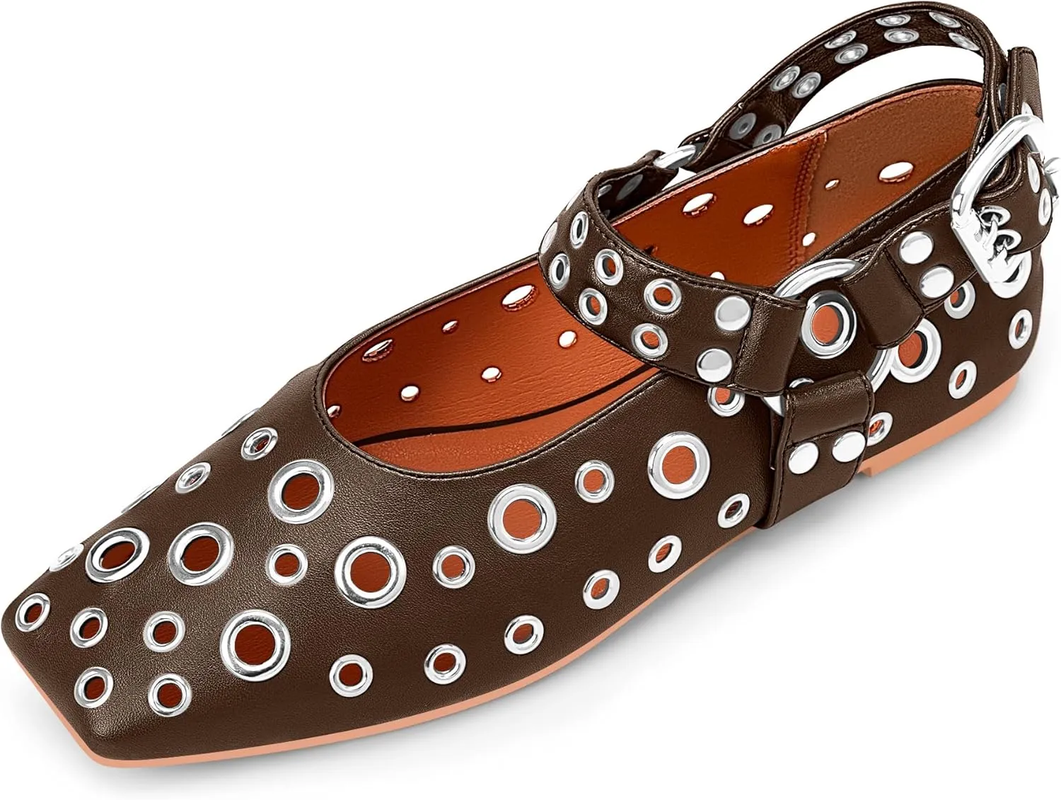 100FIXEO Women's Buckle Ballet Flats Punk Square Toe Studded Grommet Mary Jane Shoes