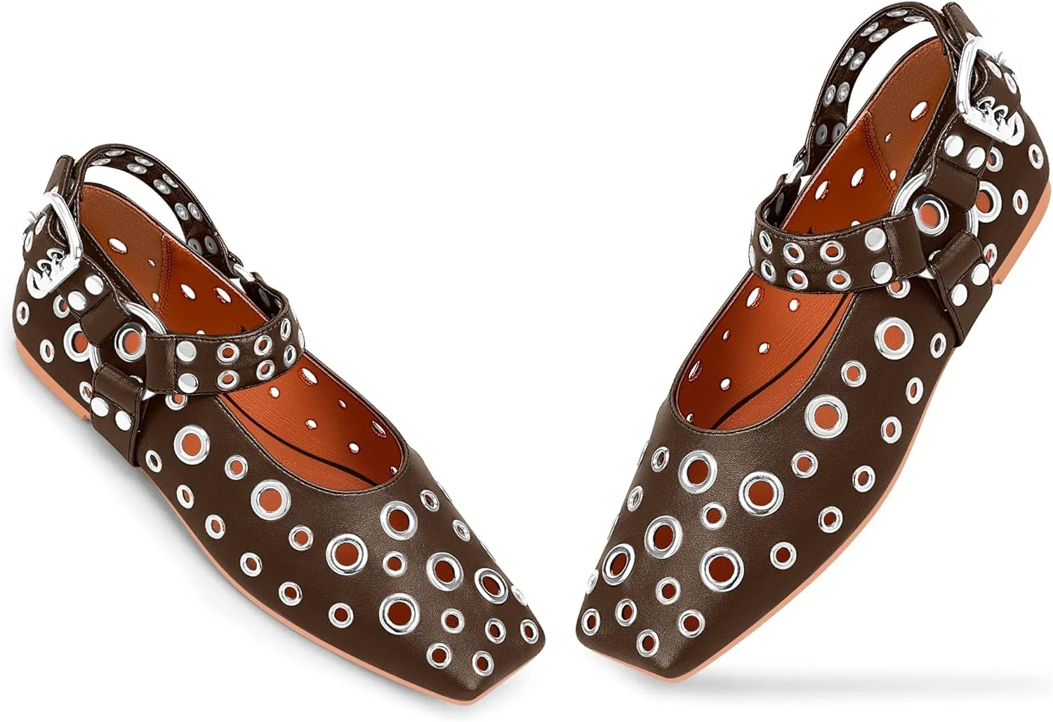 100FIXEO Women's Buckle Ballet Flats Punk Square Toe Studded Grommet Mary Jane Shoes