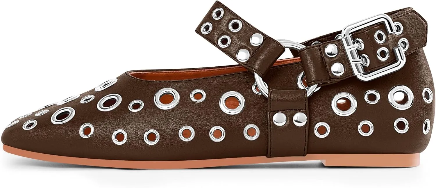 100FIXEO Women's Buckle Ballet Flats Punk Square Toe Studded Grommet Mary Jane Shoes