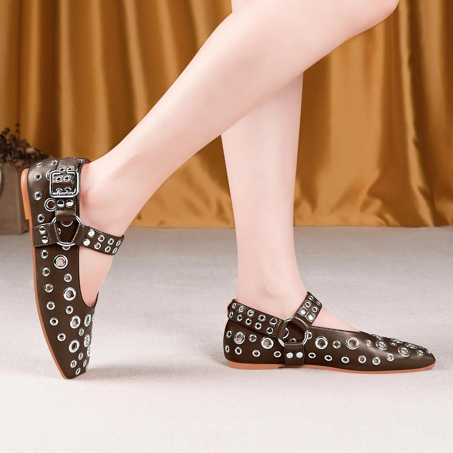 100FIXEO Women's Buckle Ballet Flats Punk Square Toe Studded Grommet Mary Jane Shoes
