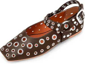 100FIXEO Women's Buckle Ballet Flats Punk Square Toe Studded Grommet Mary Jane Shoes