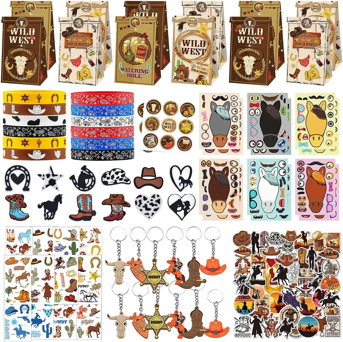 122 Pcs Cowboy Party Favors Set,Western Cowboy Goodie Bags Stuffers,Include Stickers,Keychain,Gift Bag,Tattoos Stickers,Bracelets,Shoe Flower Etc,Cowboy Birthday Party Supplies Perfect For boys