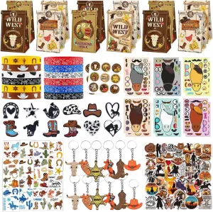 122 Pcs Cowboy Party Favors Set,Western Cowboy Goodie Bags Stuffers,Include Stickers,Keychain,Gift Bag,Tattoos Stickers,Bracelets,Shoe Flower Etc,Cowboy Birthday Party Supplies Perfect For boys
