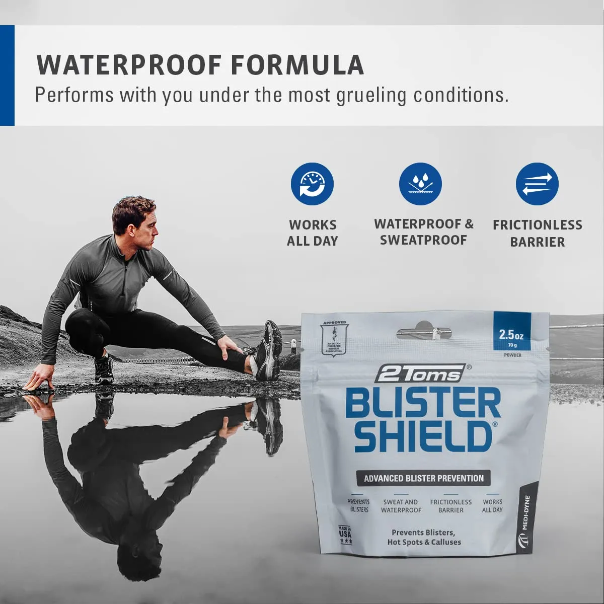 2Toms BlisterShield Advanced Waterproof Blister Prevention, Friction Free Protection Designed Specifically for Feet, Hot Spots, and Calluses, 2.5 Ounce Pouch