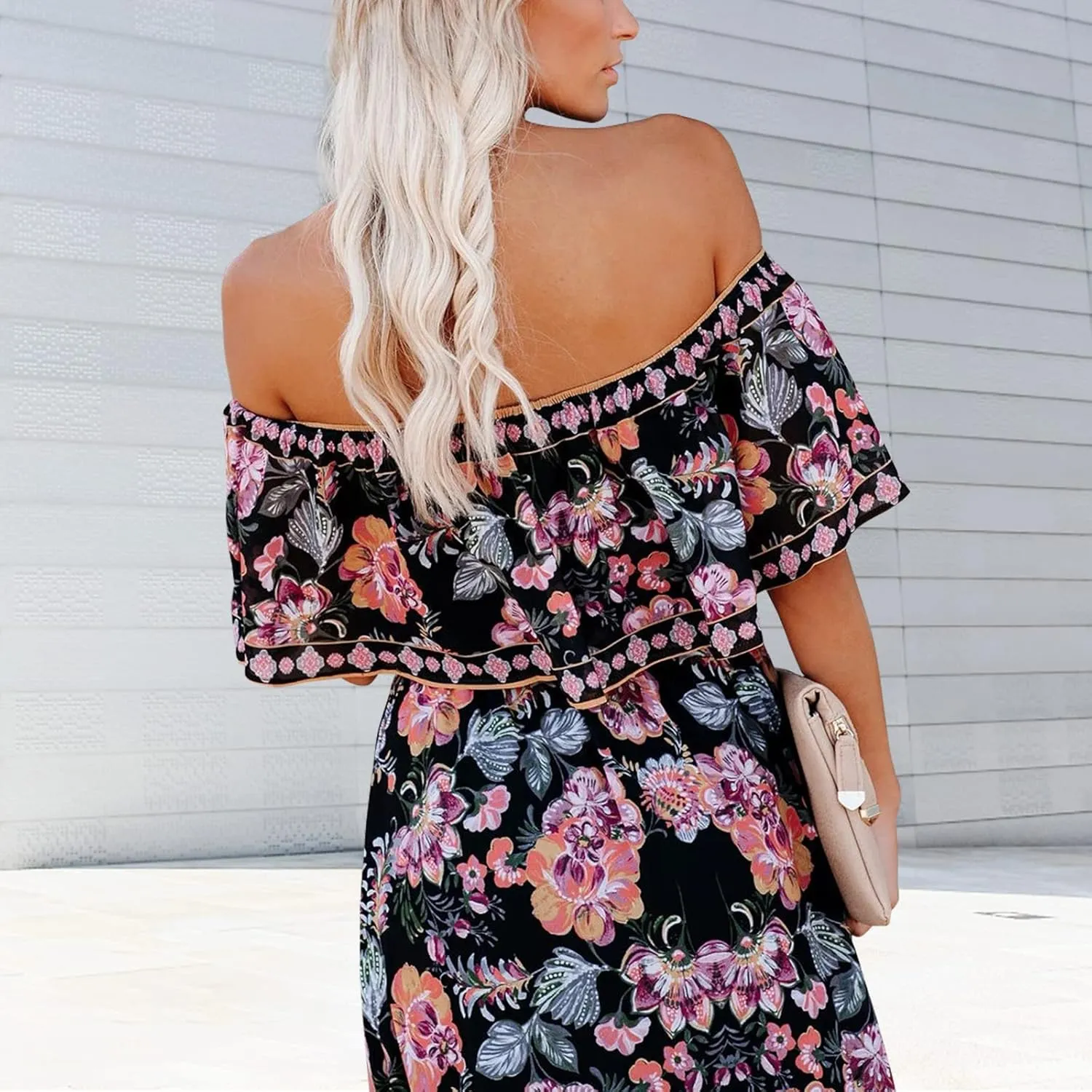ACOSAP Women's Mexican Dress Summer Floral Print Off The Shoulder Sleeveless Beach Long Maxi Dress