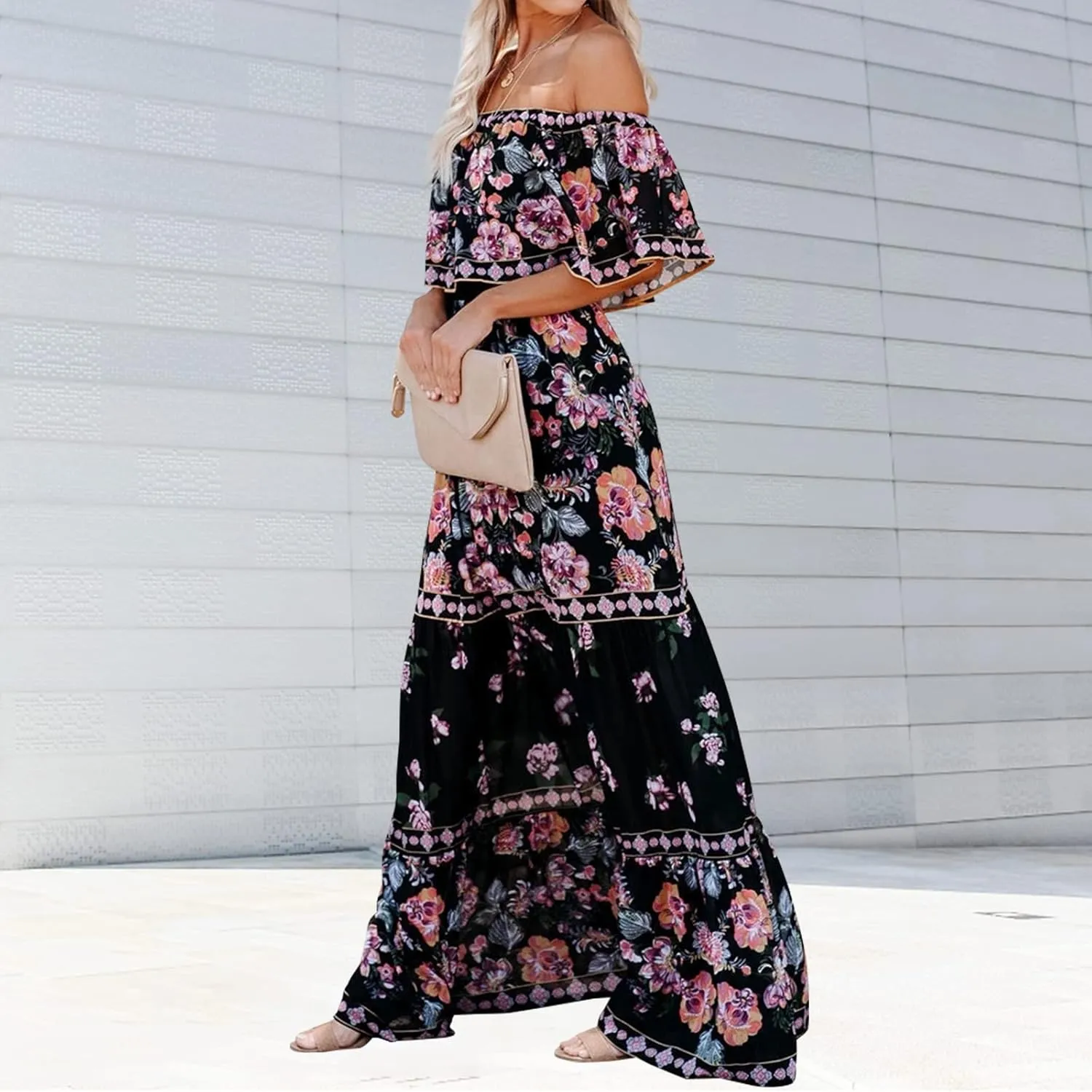 ACOSAP Women's Mexican Dress Summer Floral Print Off The Shoulder Sleeveless Beach Long Maxi Dress