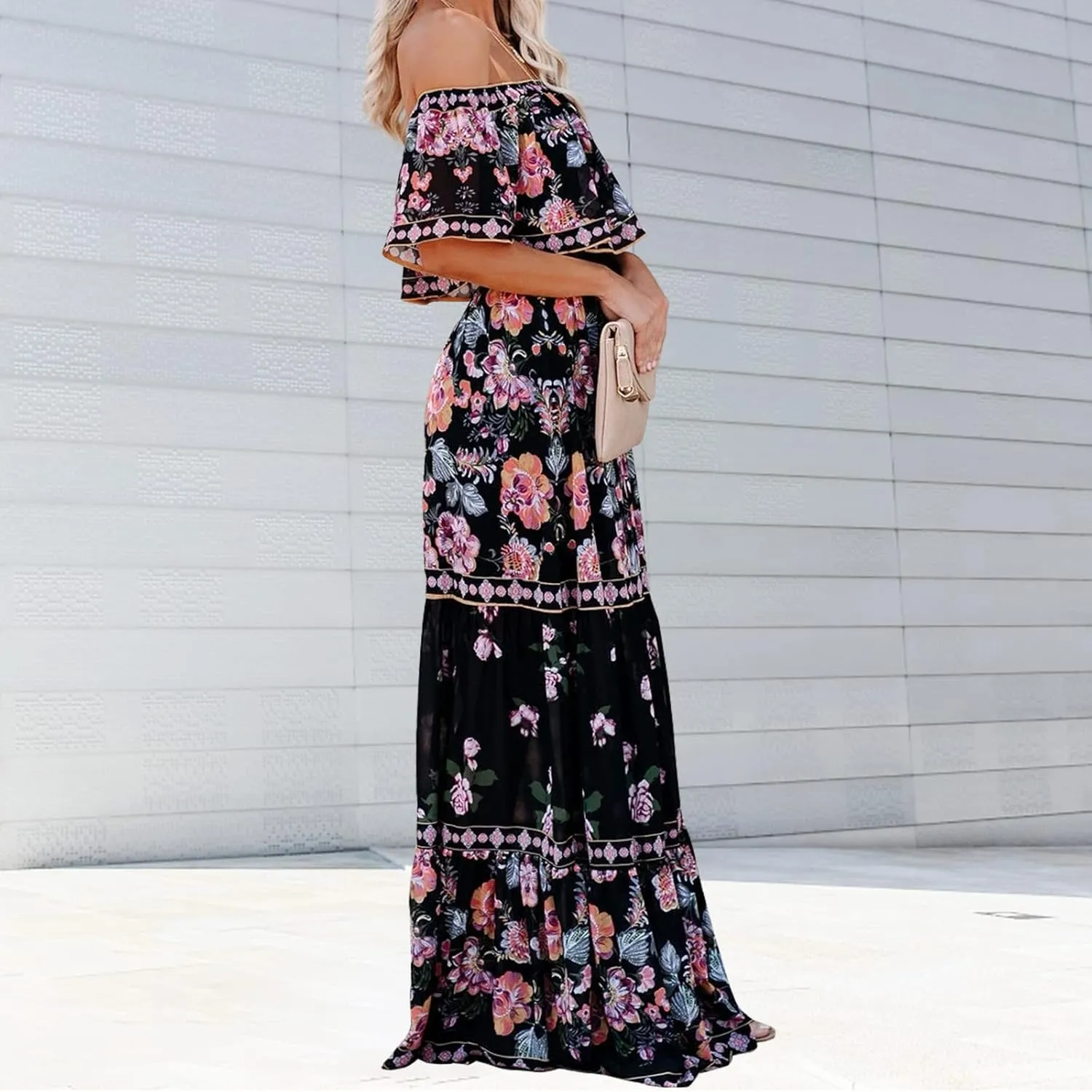 ACOSAP Women's Mexican Dress Summer Floral Print Off The Shoulder Sleeveless Beach Long Maxi Dress