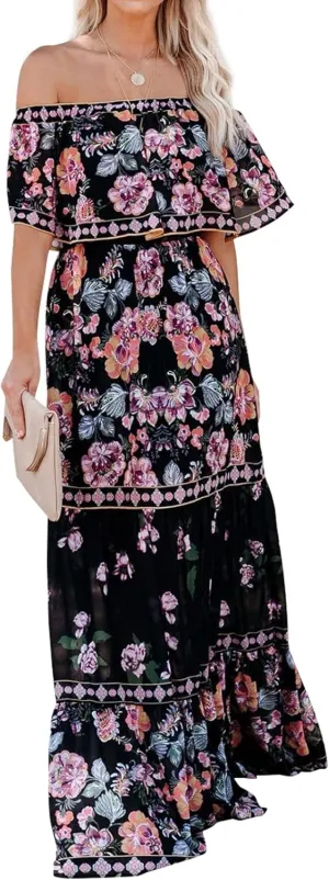 ACOSAP Women's Mexican Dress Summer Floral Print Off The Shoulder Sleeveless Beach Long Maxi Dress