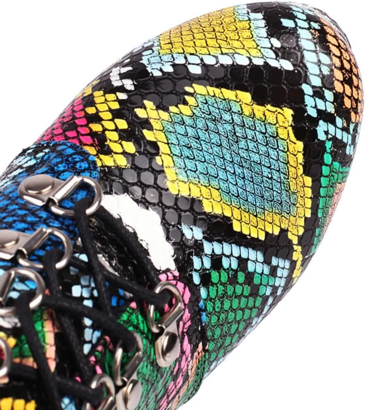 Aflngle Women's Colorful Snake Print Chunky High Heel Platform Ankle Boots Round Toe Lace Up With Buckle Mid Calf Short Booties