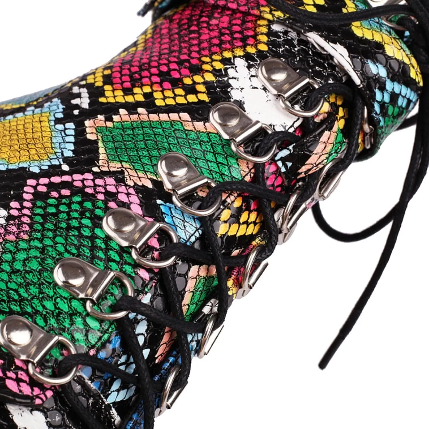 Aflngle Women's Colorful Snake Print Chunky High Heel Platform Ankle Boots Round Toe Lace Up With Buckle Mid Calf Short Booties