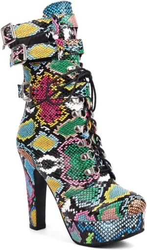 Aflngle Women's Colorful Snake Print Chunky High Heel Platform Ankle Boots Round Toe Lace Up With Buckle Mid Calf Short Booties
