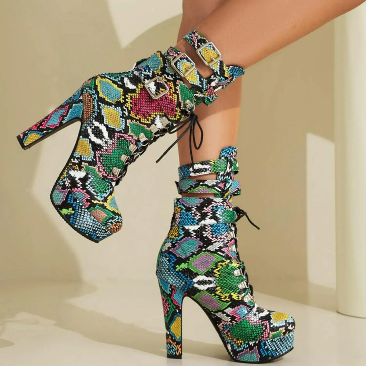 Aflngle Women's Colorful Snake Print Chunky High Heel Platform Ankle Boots Round Toe Lace Up With Buckle Mid Calf Short Booties
