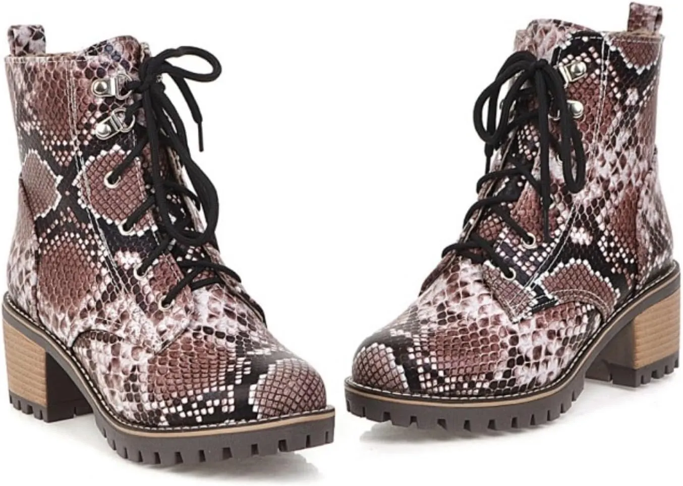 Aflngle Women's Snakeskin Printed Lace Up Chunky Heel Flat Ankle Boots Fashion Round Closed Toe Low Heel Block Short Boots Comfortable Slip on Gothic Chelsea Booties