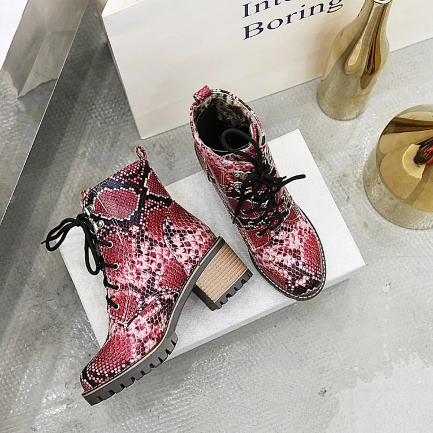Aflngle Women's Snakeskin Printed Lace Up Chunky Heel Flat Ankle Boots Fashion Round Closed Toe Low Heel Block Short Boots Comfortable Slip on Gothic Chelsea Booties