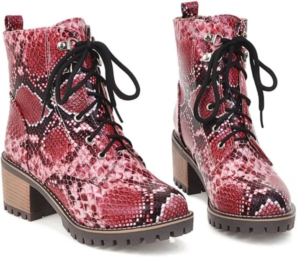 Aflngle Women's Snakeskin Printed Lace Up Chunky Heel Flat Ankle Boots Fashion Round Closed Toe Low Heel Block Short Boots Comfortable Slip on Gothic Chelsea Booties