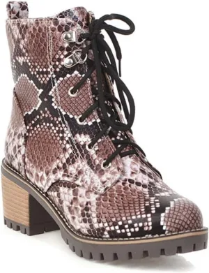 Aflngle Women's Snakeskin Printed Lace Up Chunky Heel Flat Ankle Boots Fashion Round Closed Toe Low Heel Block Short Boots Comfortable Slip on Gothic Chelsea Booties