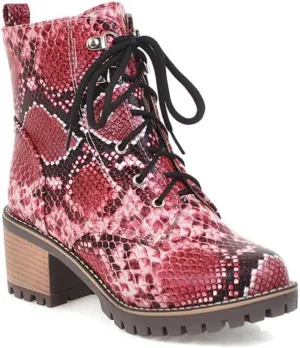 Aflngle Women's Snakeskin Printed Lace Up Chunky Heel Flat Ankle Boots Fashion Round Closed Toe Low Heel Block Short Boots Comfortable Slip on Gothic Chelsea Booties