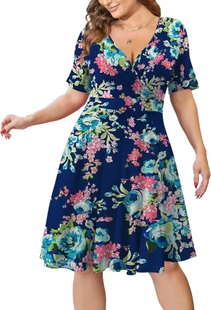 Ahlaray Womens Plus Size Dresses Short Sleeve Faux Wrap Causal Swing Dress with Pockets, L-4XL