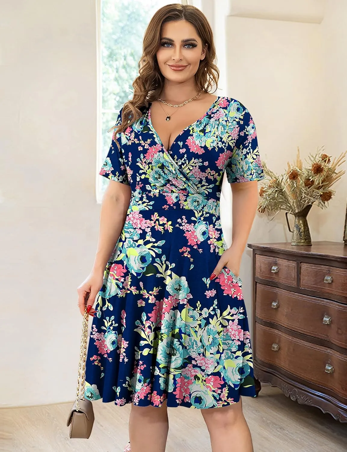 Ahlaray Womens Plus Size Dresses Short Sleeve Faux Wrap Causal Swing Dress with Pockets, L-4XL