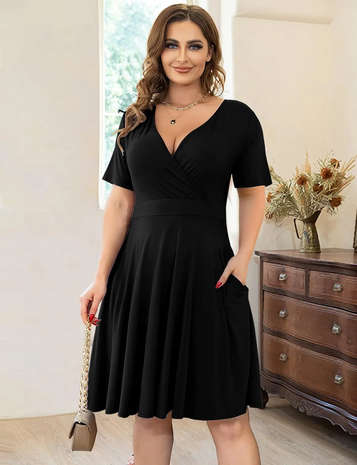 Ahlaray Womens Plus Size Dresses Short Sleeve Faux Wrap Causal Swing Dress with Pockets, L-4XL