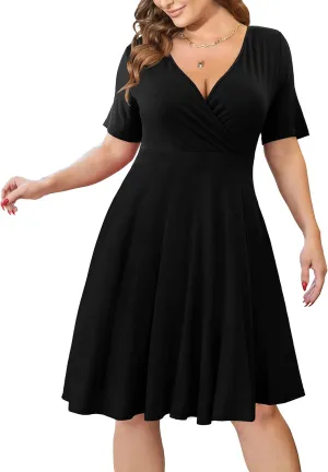 Ahlaray Womens Plus Size Dresses Short Sleeve Faux Wrap Causal Swing Dress with Pockets, L-4XL