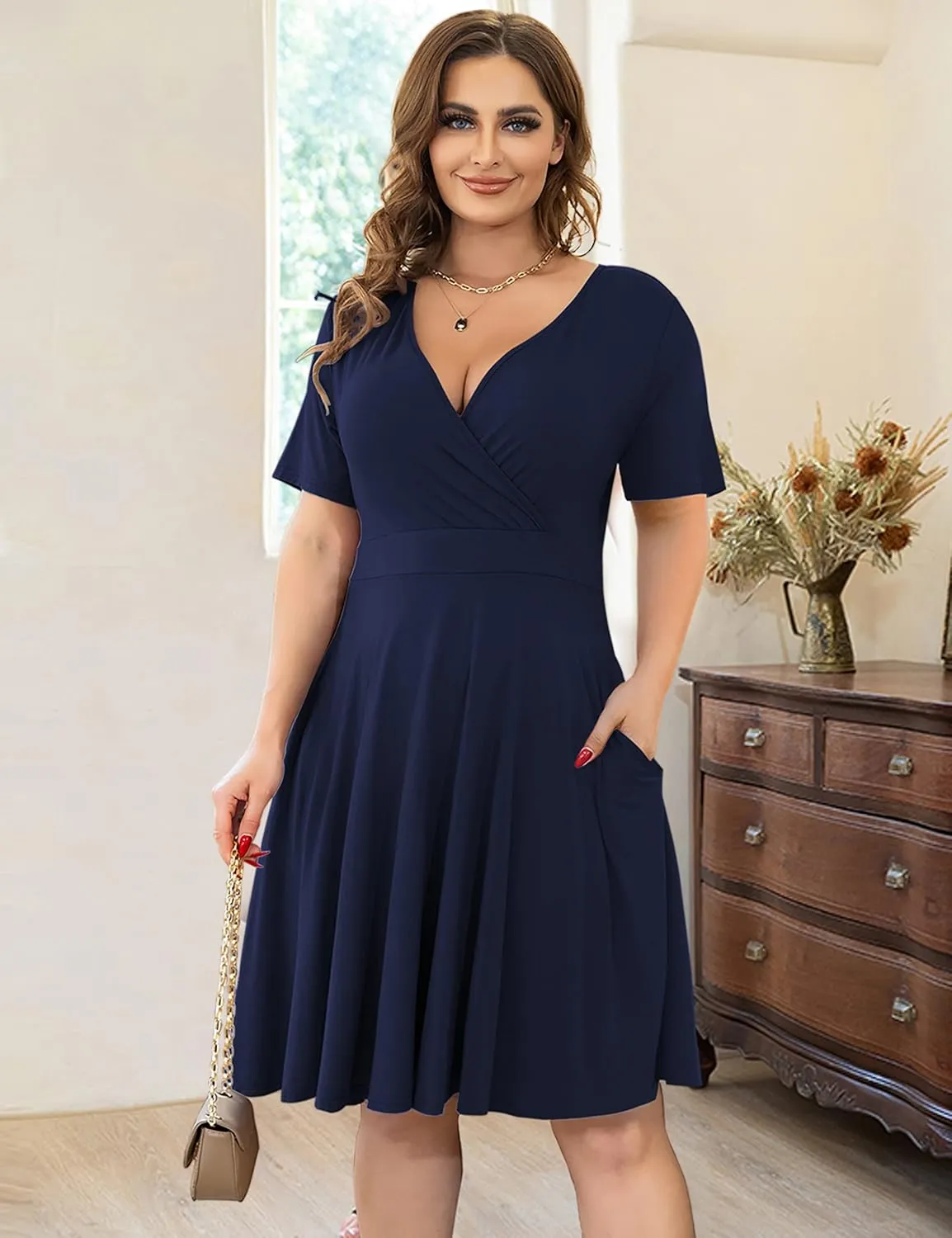 Ahlaray Womens Plus Size Dresses Short Sleeve Faux Wrap Causal Swing Dress with Pockets, L-4XL