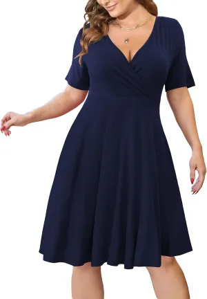 Ahlaray Womens Plus Size Dresses Short Sleeve Faux Wrap Causal Swing Dress with Pockets, L-4XL
