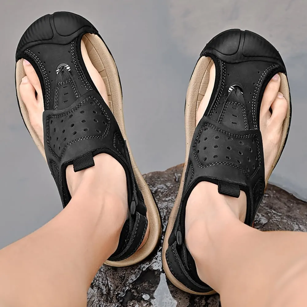 ailishabroy Men's Sport Sandals Outdoor Hiking Leather Closed Toe Sandals