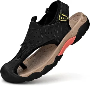 ailishabroy Men's Sport Sandals Outdoor Hiking Leather Closed Toe Sandals