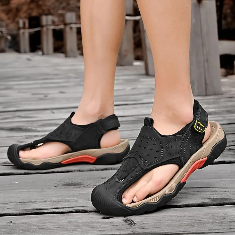 ailishabroy Men's Sport Sandals Outdoor Hiking Leather Closed Toe Sandals