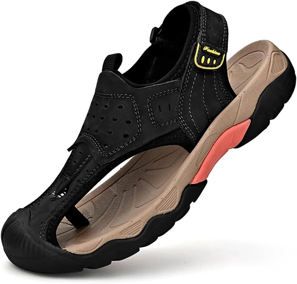 ailishabroy Men's Sport Sandals Outdoor Hiking Leather Closed Toe Sandals