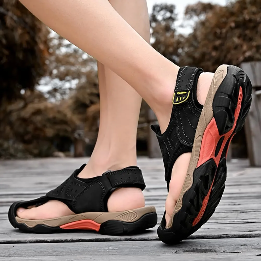 ailishabroy Men's Sport Sandals Outdoor Hiking Leather Closed Toe Sandals
