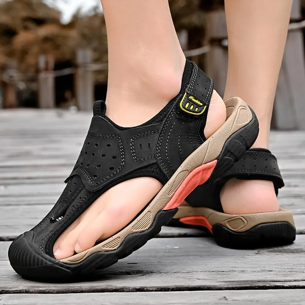 ailishabroy Men's Sport Sandals Outdoor Hiking Leather Closed Toe Sandals