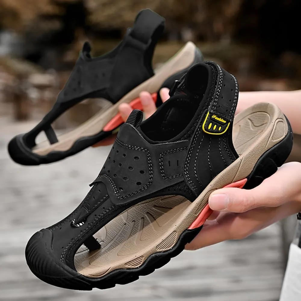 ailishabroy Men's Sport Sandals Outdoor Hiking Leather Closed Toe Sandals