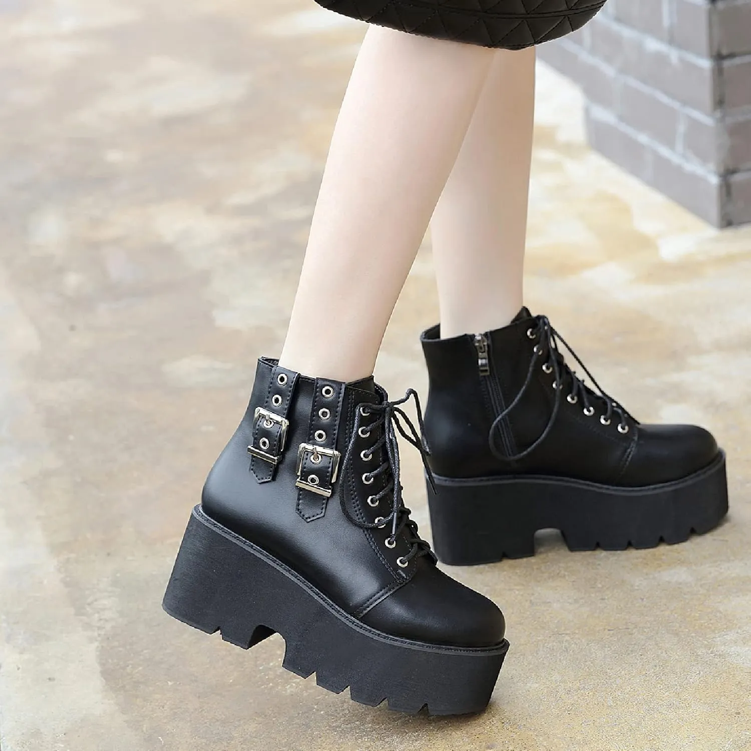 AIMODOR Womens Chain Goth Platform Combat Ankle Boots Chunky High Heel Booties