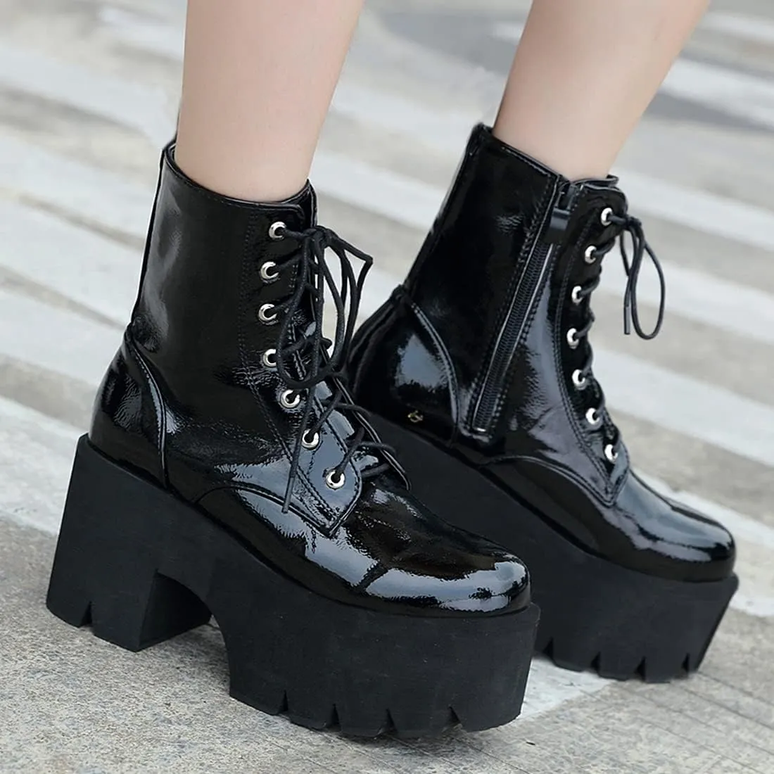 AIMODOR Womens Chain Goth Platform Combat Ankle Boots Chunky High Heel Booties