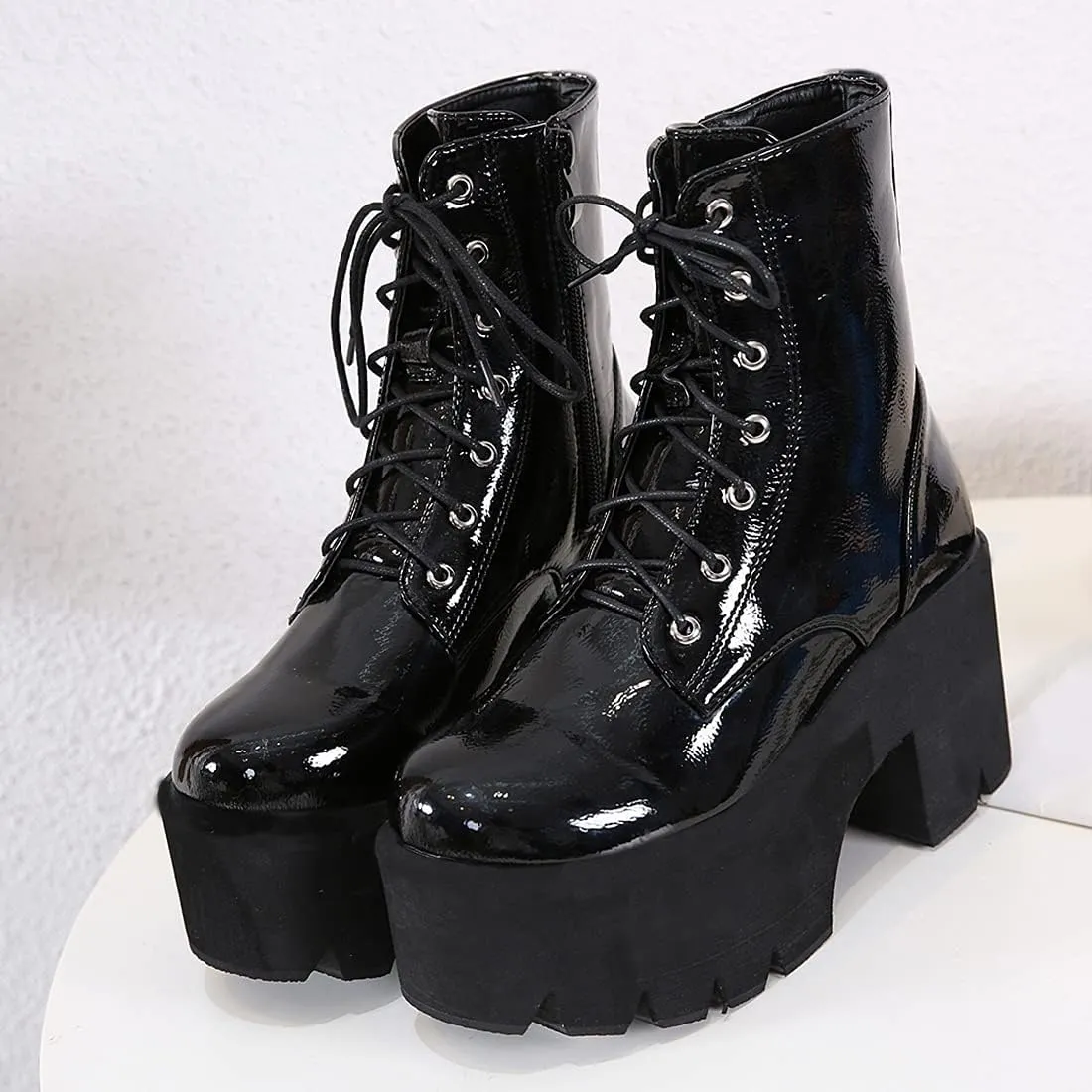 AIMODOR Womens Chain Goth Platform Combat Ankle Boots Chunky High Heel Booties