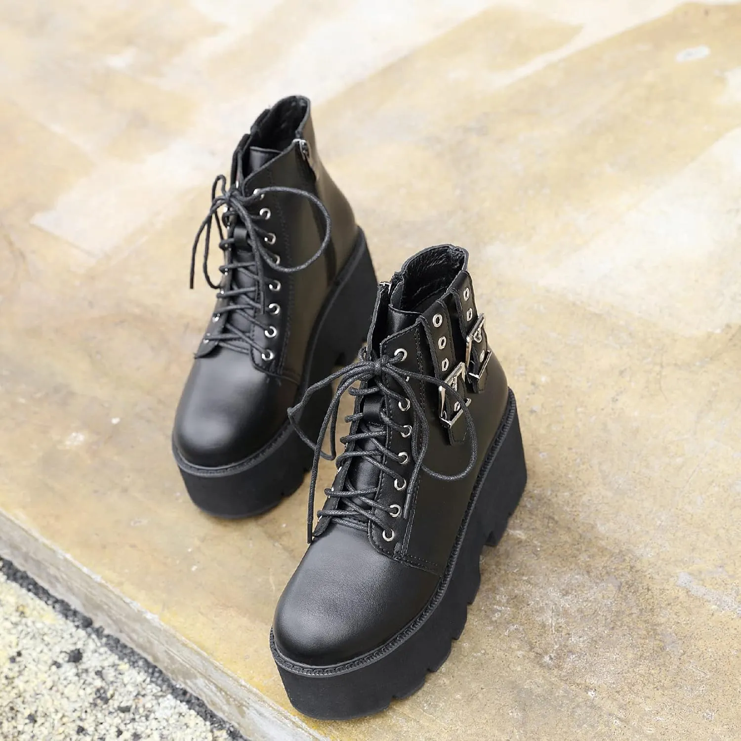 AIMODOR Womens Chain Goth Platform Combat Ankle Boots Chunky High Heel Booties