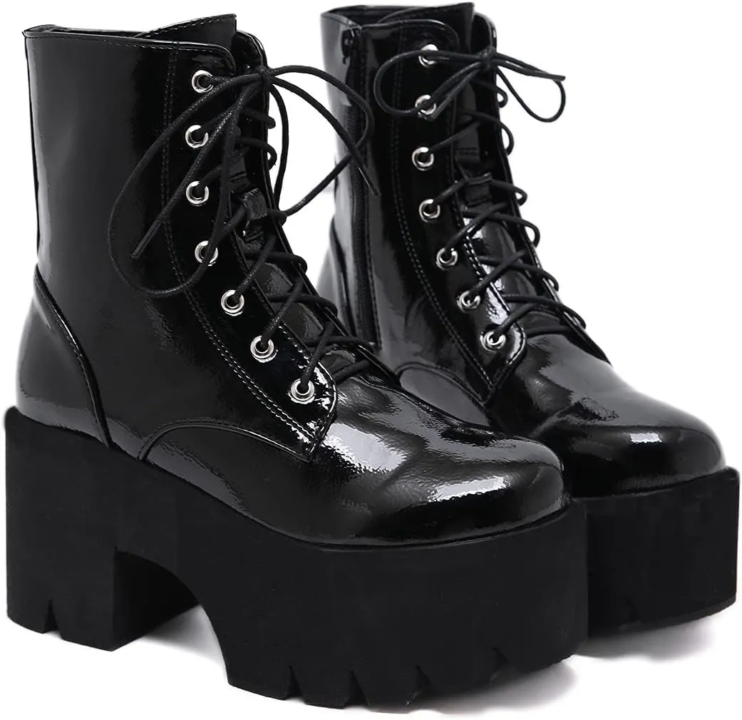 AIMODOR Womens Chain Goth Platform Combat Ankle Boots Chunky High Heel Booties