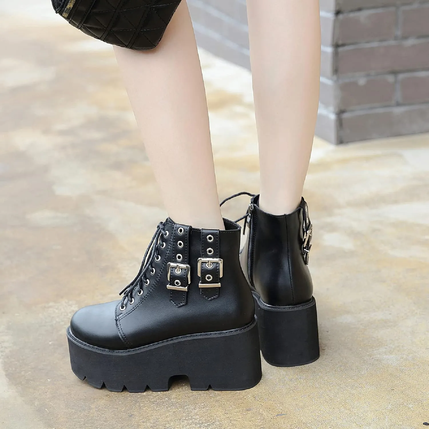 AIMODOR Womens Chain Goth Platform Combat Ankle Boots Chunky High Heel Booties
