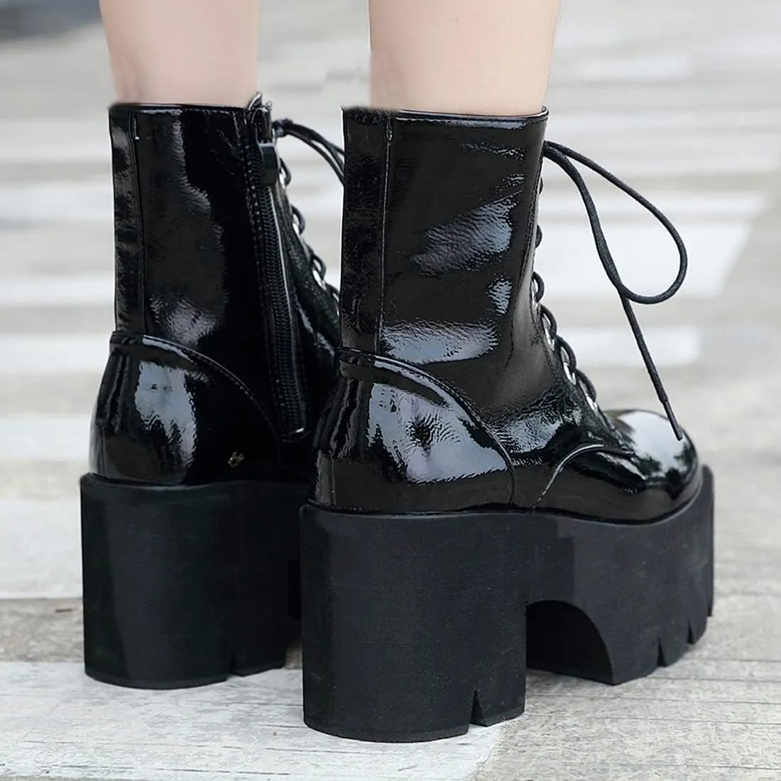 AIMODOR Womens Chain Goth Platform Combat Ankle Boots Chunky High Heel Booties