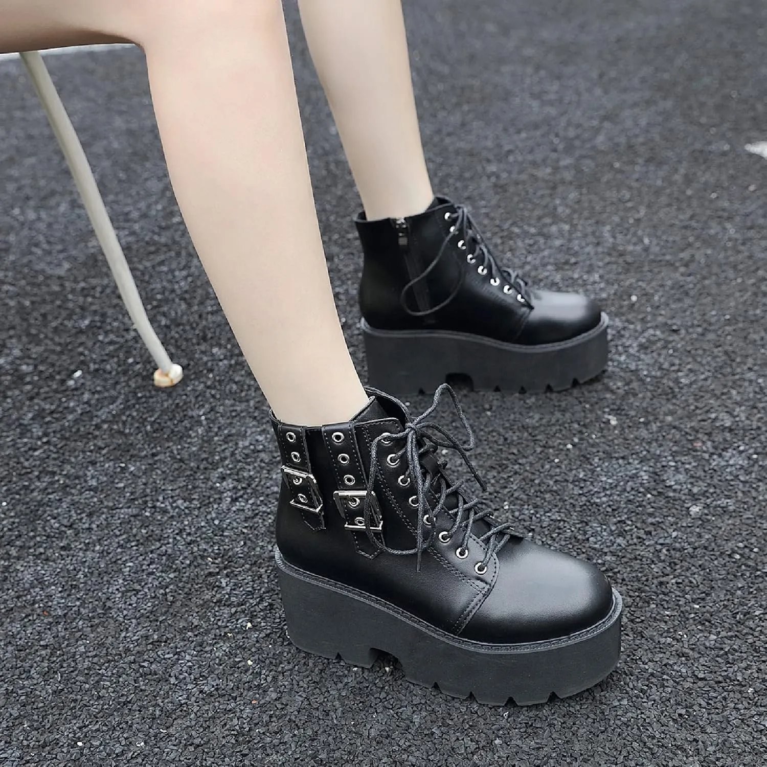 AIMODOR Womens Chain Goth Platform Combat Ankle Boots Chunky High Heel Booties