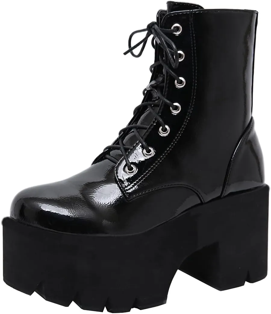 AIMODOR Womens Chain Goth Platform Combat Ankle Boots Chunky High Heel Booties