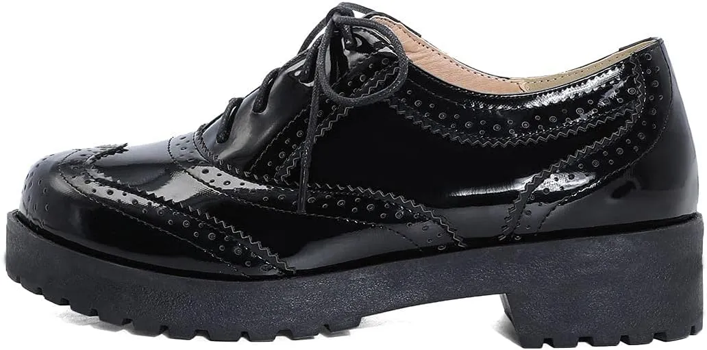 AIMODOR Womens Oxford Wingtip Lace Up Vintage Brogues Chunky Heel Pumps