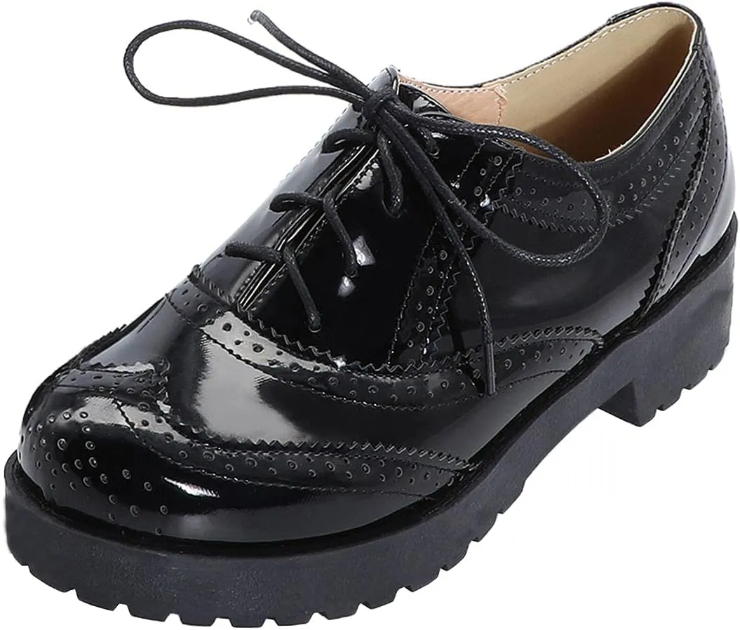 AIMODOR Womens Oxford Wingtip Lace Up Vintage Brogues Chunky Heel Pumps